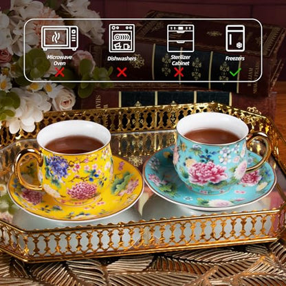 KAMMAK Tea Cup and Saucer, Ceramic Coffee Cups, 7.1 oz, Set of 2 | Porcelain Tea Cups with Saucers for Coffee and Cappuccino, Ideal for Breakfast, Afternoon Tea and Entertaining,940+941N - style: 940N+941N