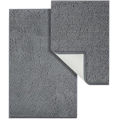 LINLA Bathroom Rugs Sets 2 Piece, Absorbent Soft Chenille Bath Mat, Grey | Non-Slip ,Quick Dry, Washable, Carpet Mats for Floor, Tub and Shower,32" x 20"/24" x 17" - color: Grey-grey