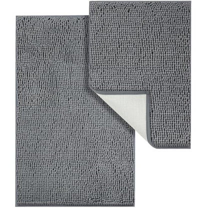 LINLA Bathroom Rugs Sets 2 Piece, Absorbent Soft Chenille Bath Mat, Grey | Non-Slip ,Quick Dry, Washable, Carpet Mats for Floor, Tub and Shower,32" x 20"/24" x 17" - color: Grey-grey
