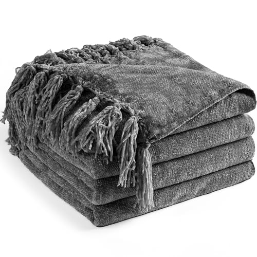 Chenille Throw Blanket for Couch 60" x 80" Twin, Dark Grey | Soft Cozy Warm Throws with Fringe Tassel, for Living Room Bed Sofa Chair Cover, Lightweight Knitted Decorative Boho Blankets - color: Dark Grey, size: 60x80 inch