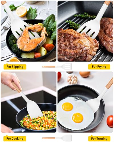 Pack of 2 Silicone Cooking Spatula, Heat Resistant Solid Turner, Non Stick Slotted Spatulas with Wooden Handle,Ideal Wood Kitchen Utensils Set for Frying, Baking, Flipping, Turning (WHITE) - color: White