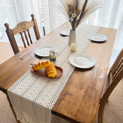 Macrame Table Runner Cream Beige Boho Table Runners with Tassels 48 Inches Long, Rustic Farmhouse Table Runners for Living Room Bridal Shower(12x48in, Fringe Included) - color: Cream Beige, size: 12"x48"