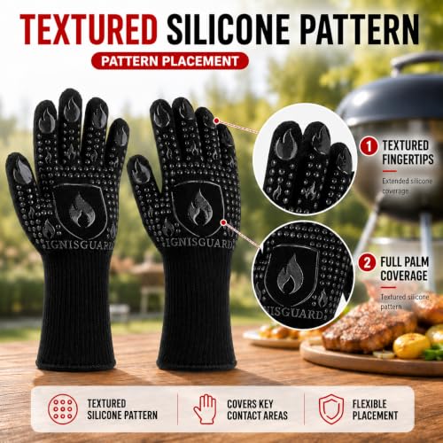 IGNISGUARD® BBQ Gloves, Heat Resistant Grill Gloves, 1 Pair, Black (L) | EN407:2020 tested with textured silicone grip, three-layer construction and long knit cuff for added wrist coverage. - color: Black, size: Large