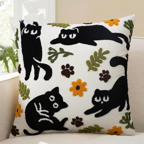 Merrycolor Embroidered Black Cat Pillow Covers18x18 Inch Decorative Throw Pillow Cover with Animal and Flower Aesthetic Design Bohemian Pillowcases for Spring/Summer Living Couch Sofa Bed Room Decor - color: Black and Rreen
