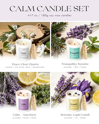 AOOVOO Stress Relief Candles Set for Women - 4 Pack Candle for Home Scented | 28 oz Soy Wax 200h Burn, Aromatherapy Candle with Crystal, Peace/Kyanite Tranquility /Amethyst Calm /Lapis Lazuli Serenity - style: Stress Relief Candles Set