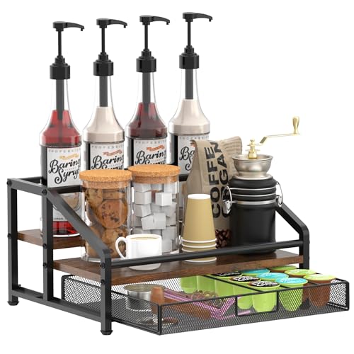 Alyoen Coffee Syrup Organizer Rack, 3-Tier Coffee Station Organizer for Countertop, Coffee Bar Organizer with 35K Cup Storage Basket, Coffee Syrup Holder Stand for Coffee Bar Accessory, Syrup - Wine - color: Retro Color