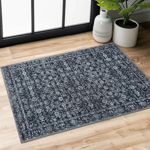 SIILOOM 2x3 Small Washable Area Rug Entryway Door Mat Indoor Kitchen Runner | Black Soft Boho Vintage Non Slip Entry Carpet for Entryway Kictchen Front Backdoor Bedside, Easy Clean - color: Black, size: 2' x 3' (Rectangular)