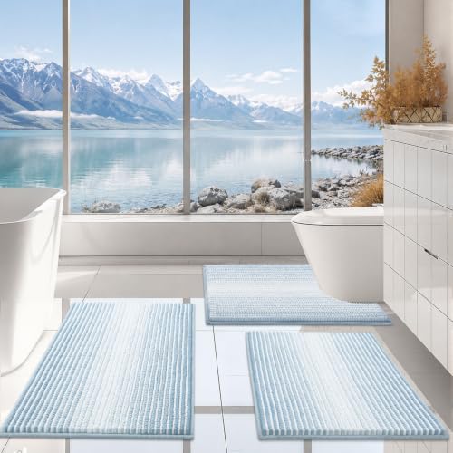Bathroom Rugs Sets 3 Piece, Toilet Rugs U-Shaped Contour Bath Mat Set, Striped Absorbent Non Slip Chenille Shower Mat, Ice Blue - color: Ice Blue, size: 20"x32"+16"x24"+U Shape 20"x24"