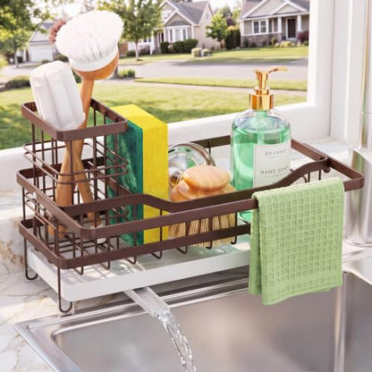Sponge Holder for Kitchen Sink, Self-draining Sink Caddy with Towel Rack and Brush Holder, Metal Kitchen Countertop Organizers and Storage Essentials, Bronze - color: Bronze