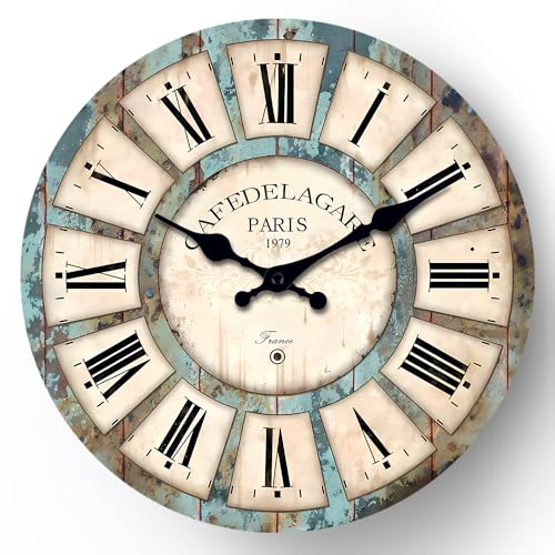 Rustic Wooden Silent Wall Clock Battery Operated 14 Inch | Farmhouse Decorative Clock for Living Room Kitchen Bedroom Round Wall Clock Silent Non Ticking - color: Blue1, size: 14 Inch