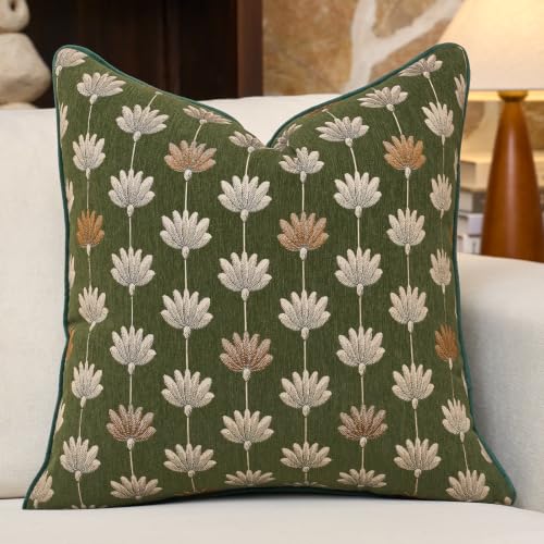 Throw Pillow Cover 18x18, Green Floral Soft Decorative Pillow Cover | Farmhouse Home Decor, Neutral Jacquard Patterned, Chenille Square Throw Pillow Cover, Accent Cushion Cover, Adding Texture - color: Green Floral, size: 18" x 18" (Pack of 1)