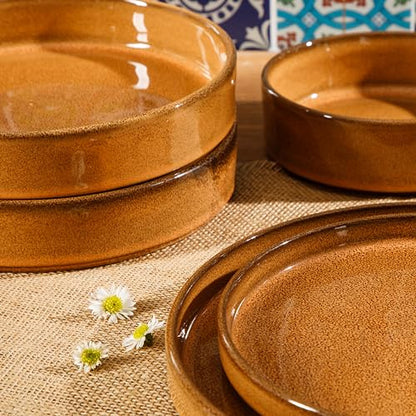 Two Time Oprah's Favorite Things Winner - Santorini Mist Double Bowl Terracotta Reactive Glaze Plates and Bowls Dinnerware Set - Amber, Service for Four (16pcs) - color: Amber