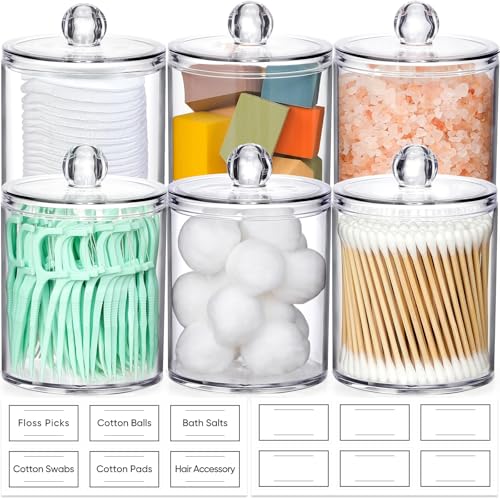 6 Pack Acrylic Qtip Holder Dispenser for Cotton Swabs, Balls, Floss Picks | Thick, Highly Clear, w/ Labels - Small Canister Apothecary Jar Set, Bathroom Decor Essentials, Shelf Vanity Storage Organizer - color: Clear-6 Pack