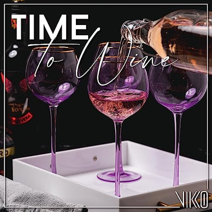 Vikko Lilac Wine Glasses, 17 Oz, Set of 4 Stemmed Glasses with Gold Rim, Perfect for Red & White Wine