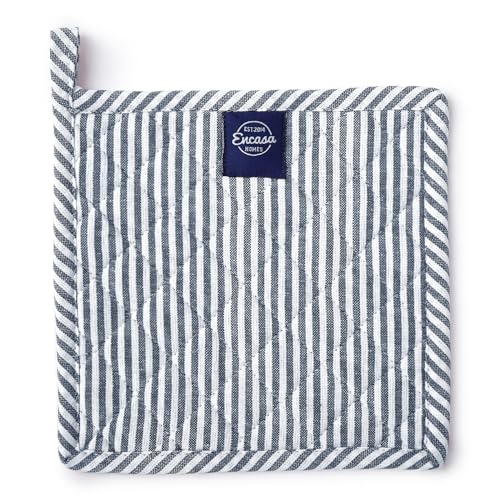 Encasa XO Pot Holders, Quilted Kitchen Hot Pads 8"x8" Ticking Navy Blue | 100% Eco-Friendly Cotton | Thick Cotton Padding Insulation | Convenient Hanging Loop | Set of 2 - color: Ticking Navy Blue