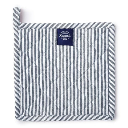 Encasa XO Pot Holders, Quilted Kitchen Hot Pads 8"x8" Ticking Navy Blue | 100% Eco-Friendly Cotton | Thick Cotton Padding Insulation | Convenient Hanging Loop | Set of 2 - color: Ticking Navy Blue