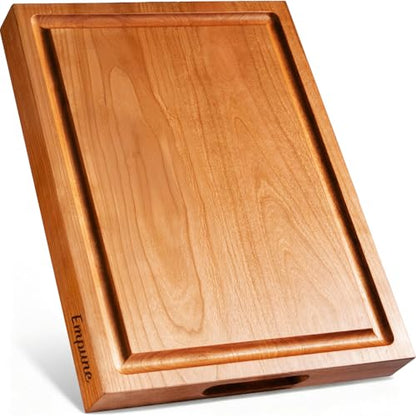 Empune Cherry Wood Cutting Boards for Kitchen Wooden Cutting Board with Handle, Chopping Board with Built-in Juice Groove & Well, Heavy-duty Charcuterie Board Butcher Block, 16.5x11.8x1.4 Inches - color: Cherry Wood