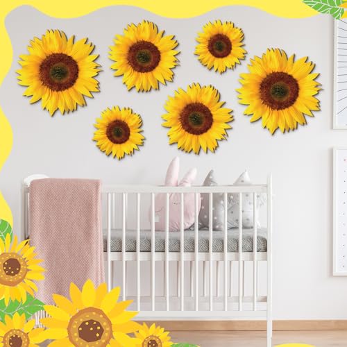 Thyle 6 Pcs Summer Sunflower Wall Decor Wood Sunflower Wall Art Farmhouse Flower Hanging Decorations Indoor Summer Flower Wooden Hanging Sign for Home, Kitchen, Porch - style: Artistic Style