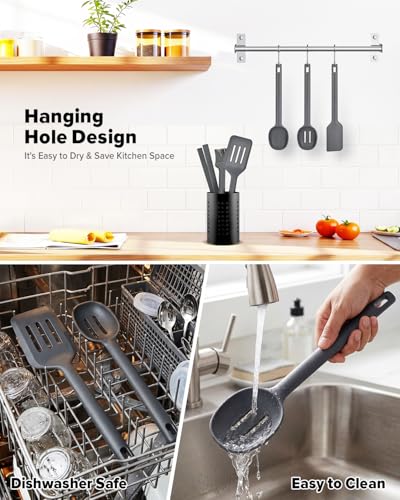 Silicone Kitchen Utensils Set, Heat Resistant Cooking Utensil with Spoon, Scraper, Spatula, Basting Brush & Tongs, BPA-free Non-stick Cookware for Frying, Basting, Serving, Grilling (6 Pack) (GREY) - color: Gray
