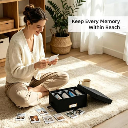 Collapsible Photo Storage Box, Adjustable Dividers - Black, 28cm | Holds 850 Photos, Hook & Loop Dividers, Handle, Label Stickers - color: Black, size: 11.22"x6.89"x5.12"
