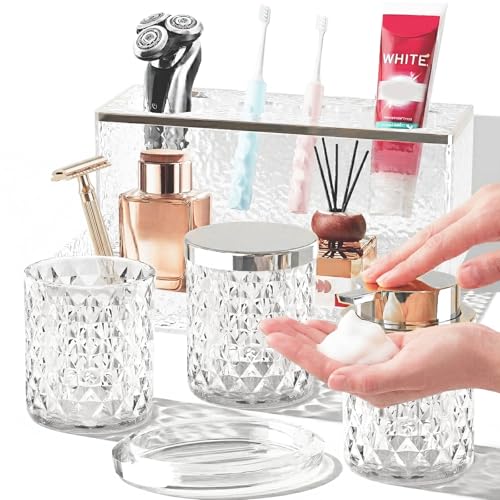 Glass Bathroom Accessories Set 5Pcs Crystal Clear- Foaming Soap Dispenser, Soap Dish, Cup, Acrylic Toothbrush Holder with Tray Organizer, Cotton Swab Jar, Bathroom Counter Set Sink Decor - color: Clear