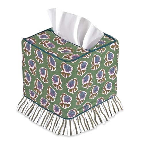 Basil Green Block Print Ruffle Tissue Box Cover Handmade Cotton Decorative Square Napkin Holder for Home Bedroom Living Room Bathroom Vanity Countertop Car Office Kitchen - color: Basil Green
