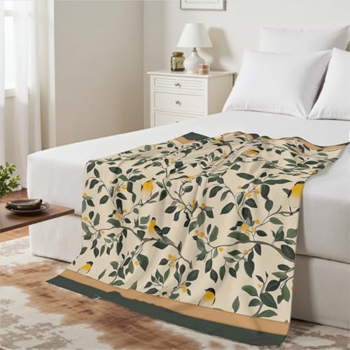 Birds Blanket Throw - Green and Yellow Vintage Warm Reversible Flannel Blankets 50x60 Inches, Yellow Floral Soft Cozy Farmhouse Nature Decor Couch Blanket for Home Living Sofa Bed - color: Bird, size: 60 x 50 inches