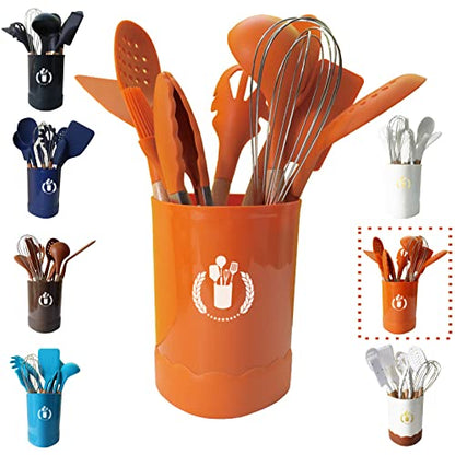 Orange Silicone Kitchen Cooking Utensils Set, Heat Resistant Silicone Kitchen Gadgets Utensils Set with Wooden Handle, Spoons Spatula Whisk with Holder for Nonstick Cookware - color: Orange 11p