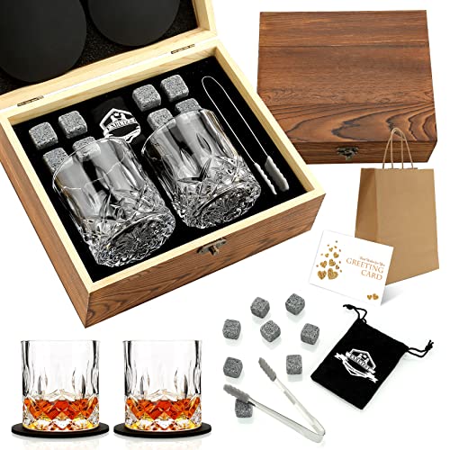 Whiskey Stones and Whiskey Glasses Set, Unique Gifts for Men with Wood Box | 8 Granite Chilling Stones Whiskey Rocks, Scotch Bourbon Gift Box, Father's Day Birthday Drinking Gifts for Him Dad Husband - style: Straight Glasses+Granite Stones+Coasters-No Wo