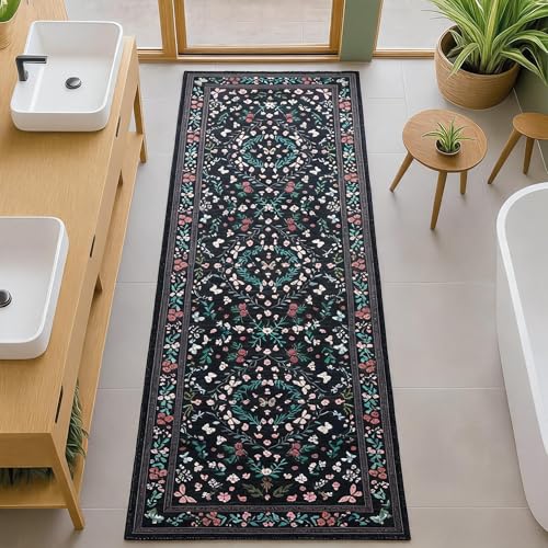GarveeHome Washable 2x8 Runner Rugs for Hallway Entryway Kitchen Floor | Non Slip Soft Bug Rug low Pile Stain Resistant Vintage Rug Runner Folable Folral Carpet for Bedroom Laundry Room, Black - color: Black, size: 2'x 8'(Runner)