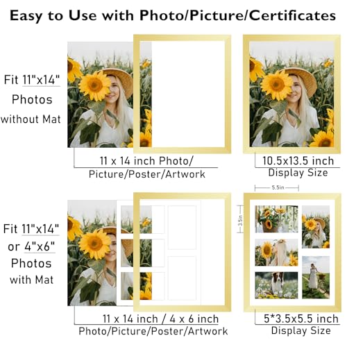 JCJMY 11x14 Collage Picture Frame with Mat, Display 5 Pcs 4x6 Photos or 11x14 Picture, Five Opening 4x6 Picture Frame Collage for Wall Hanging, Lightweight 4 x 6 Multi Photo Frame,Gold - color: Gold