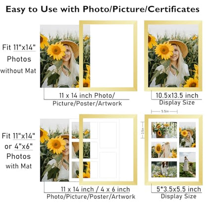 JCJMY 11x14 Collage Picture Frame with Mat, Display 5 Pcs 4x6 Photos or 11x14 Picture, Five Opening 4x6 Picture Frame Collage for Wall Hanging, Lightweight 4 x 6 Multi Photo Frame,Gold - color: Gold