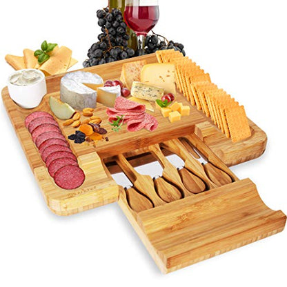 NutriChef Bamboo Cheese Cutting Board Set - Flat Wood Rectangle Serving Platter Plate Kit for Fruit and Meat w/Closing Drawer Tray, 4 Stainless Steel Knives, Bonus Condiment Cup - NutriChef AZPKCZBD10