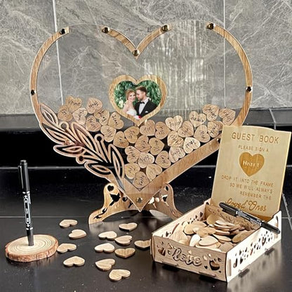 Wedding Guest Book Alternative, Rustic Heart Shaped Wooden Guest Book with 100 Wooden Hearts Tree for Wedding Party Birthday, Personalized Wedding Decor with Guest Sign-In Box & Heart Frame for Photo