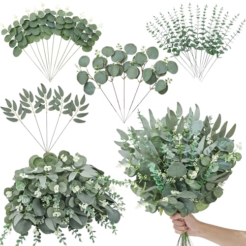 Serwalin 35PCS Artificial Mixed Eucalyptus Stems, Greenery for Centerpieces | 4Kinds Faux Eucalyptus Stems Bulk,Greenery Stems Leaves for Vase, Bouquets, DIY Floral Arrangements & Wedding Decor - color: Attractive Forest Green-35pcs