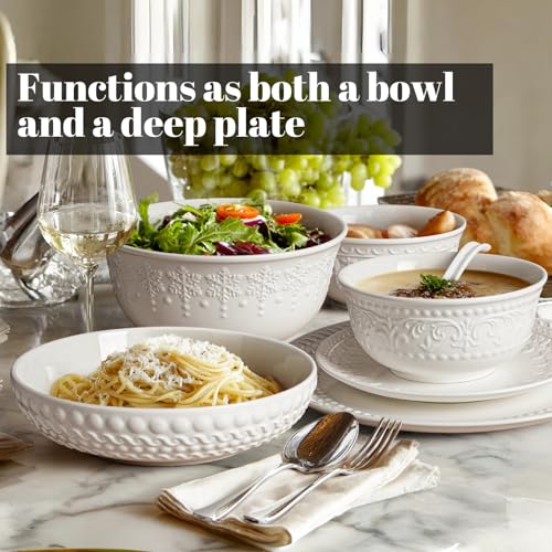 Pasta Bowls 32oz, Ceramic Large Salad Bowls 8 inch, White Embossed Soup Bowl Set of 4 for Entertaining, Serving, Dinner, Wide Shallow Microwave Dishwasher Oven Safe (Dot) - color: Dot