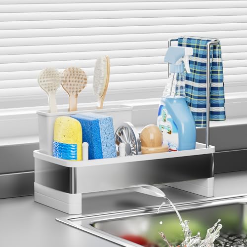 Ewaiira Stainless Steel Sink Caddy, Sponge Holder for Kitchen Sink 9.8″ | with Brush Holder & Dishcloth Rack, Rustproof Organizer Countertop, Soap Kitchen Organizers Storage Essentials, White - color: B-white