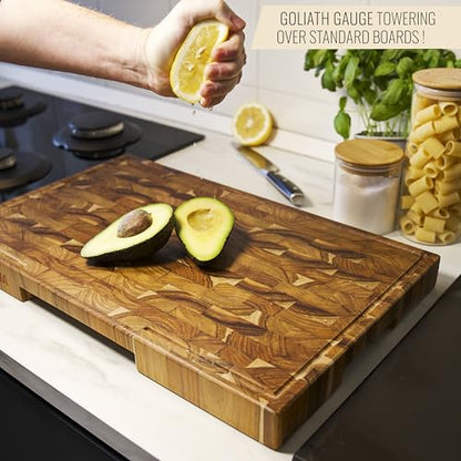 XXL Teak Wood Cutting Board for Kitchen, End Grain ExtraThick Butcher Block | 25 x 15 Inch (ExtraThick 1.7") Professional Heavy Duty Hardwood Non Toxic Wooden Chopping Board (Oil & Plate Included) - color: Teak Wood, size: 24"L x 15"W