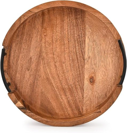Acacia Wood Tray Round Rustic Farmhouse Wooden Platter for Coffee Table, Ottoman, Drinks, Breakfast with 2 Black Iron Handles (12" X 12" X 1.6")