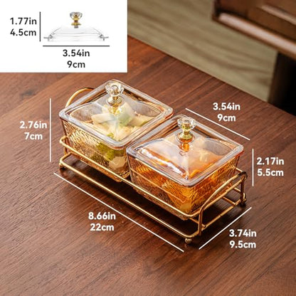Serving Bowls with Lid and Metal Rack for Snack Salads Biscuit, Grey Set of 2 Removable Divided Glass Containers for Chips Nuts Condiments - size: 2 Pack