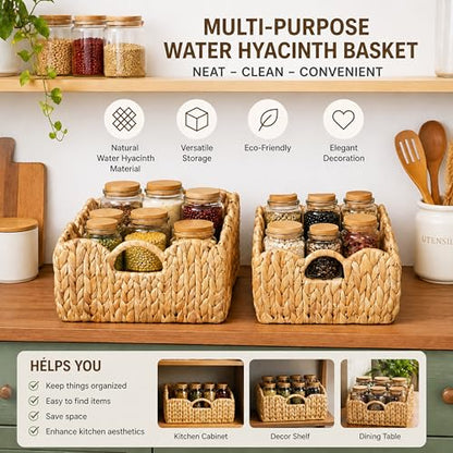 LUSYDECO Set of 2 Scalloped Edge Wicker Storage Basket with Built-in Handles, Rectangle Water Hyacinth Basket for Organizing, Decorative Woven Rattan Basket for Shelf, Nursery Room