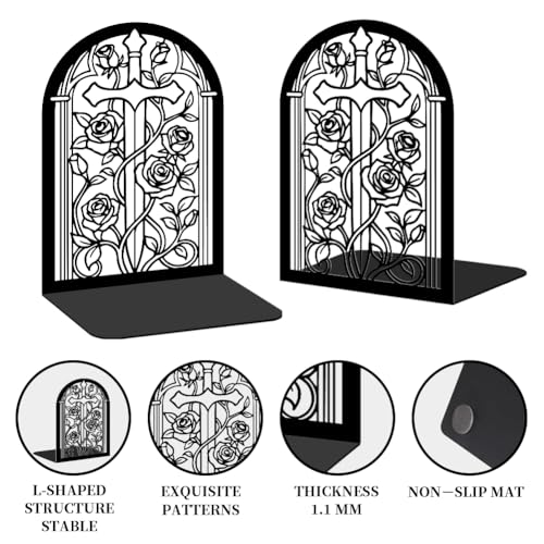 Bookends for Shelves, 2 Pcs Rose Flower Sword Design Book Ends Metal Decorative Bookends for Home Office and Library, Black - style: Rose and Sword