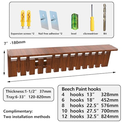 Wall Mounted Coat RackHooks Piano Key Hangers Natural Solid Wood Hanger Non-Woven Fabric Clothes Hangers for Closet, Kitchen, Bedroom, Bathroom, Entryway (Tray Walnut-Beech, 6 Hooks) - color: Tray walnut-beech, size: 6 Hooks