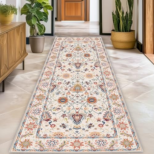 Washable 2x8 Hallway Runner Rug, Non-Slip Low Pile Cozy Kitchen Runner Rug, Beige Boho Vintage Floral, Ultra Soft, Stain Resistant, Pet & Kid Friendly Rugs for Bedroom Bathroom Laundry Room - color: Beige, size: 2' x 8' (Rectangular)