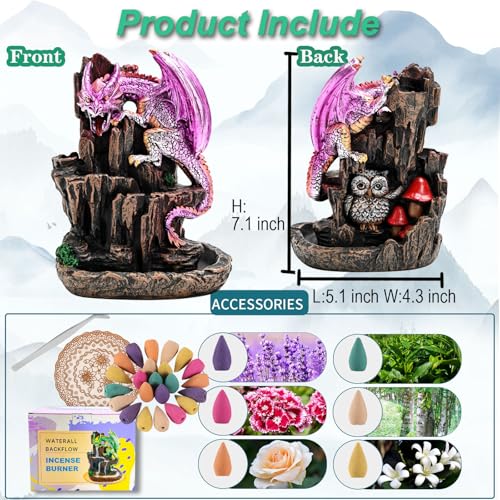 Dragon Backflow 2 Sided Mountain Waterfall Incense Burner,Fountain Smoke Incense Holder with Backflow Incense Cones, Tweezers, Mat，Resin Aromatherapy Meditationvaiuk (Purple) - color: Purple