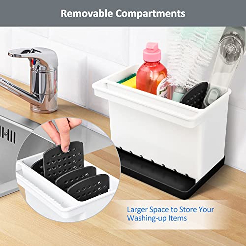JOMOLA Kitchen Sink Organizer Dish Brush Sponge Holder Caddy Toothbrush Holders for Bathrooms Sinkware Kitchen Utensil Holder Sink Caddy Organizer with 4 Separate Dividers Removable Drain Tray (Black) - color: Black