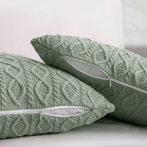 Homiest Sage Green Cable Knit Throw Blanket Set of 3, with 2 Pillow Covers | Pure Acrylic, Lightweight & Breathable, All-Season Use, Machine Washable, Wrinkle & Fade Resistant, for Couch Bed And Sofa - color: Sage Green, size: 50 x 60 Inch Blanket & 18 x