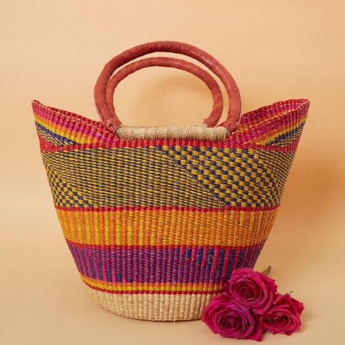 Colorful Bohemian Market Basket, Yellow, Red and Orange, 16 Inch Wide - color: Yellow Orange