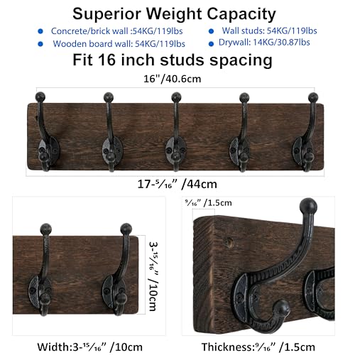 WEBI Rustic Coat Rack Wall Mount,5 Cast Iron Coat Hooks Wall Mounted,Heavy Duty Wood Wall Coat Hanger Hooks for Hanging Coats,Jacket,Clothes,Backpack,Farmhouse,Weathered Brown - color: Weathered Brown, size: 17 Inch