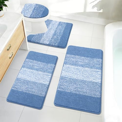 Bsmathom Bathroom Rug Set 4 Piece, Plush Microfiber Bath Mat, Blue | Super Water Absorbent, Non Slip Machine Washable Bath Rug Sets with Toilet Lid Cover and U-shaped Contour Toilet Mat - color: Blue, size: 18"x26"+20"x31"+U20"x24"+Cover19"x21"